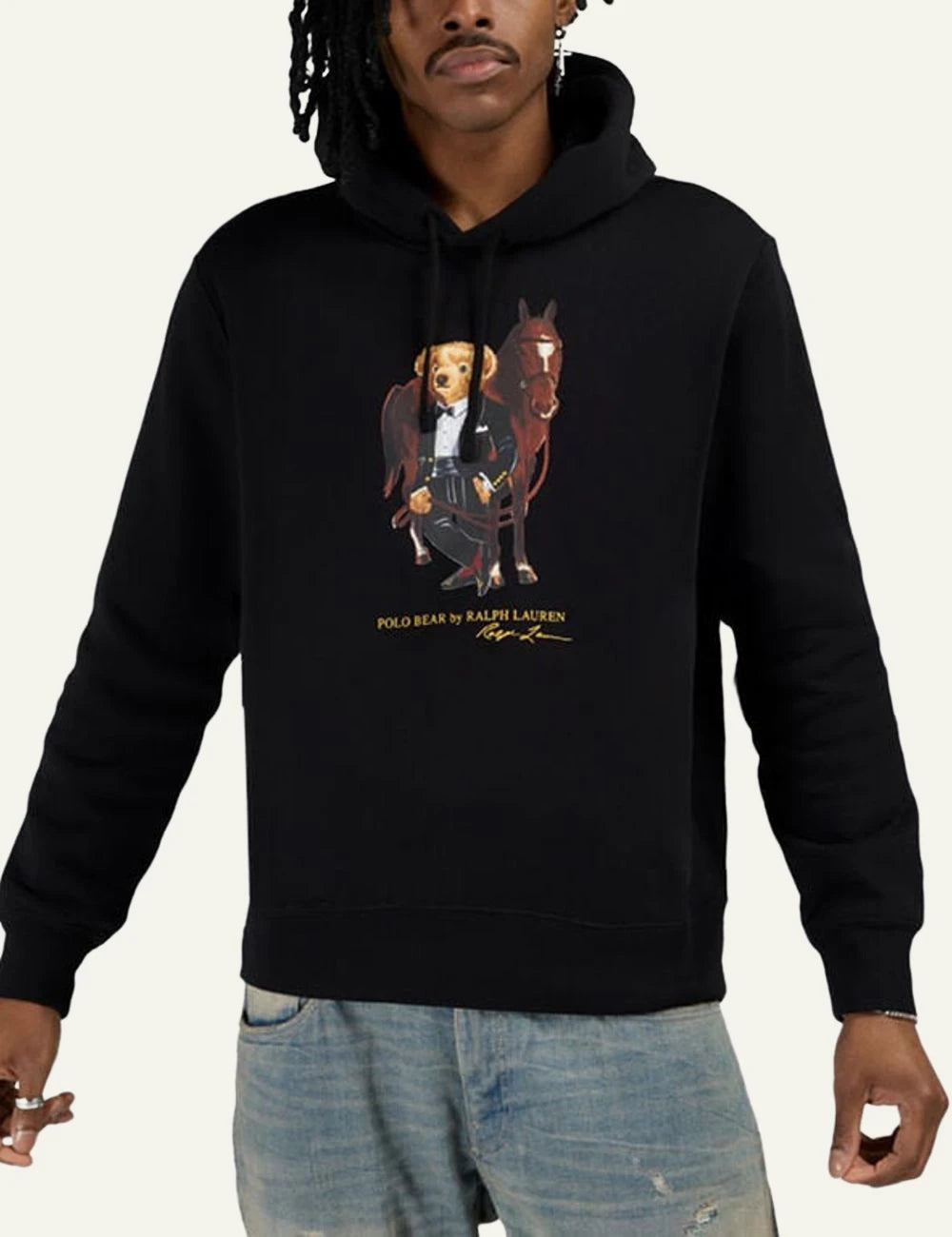 Ralph Lauren black hoodie with Polo Bear tuxedo graphic front model view