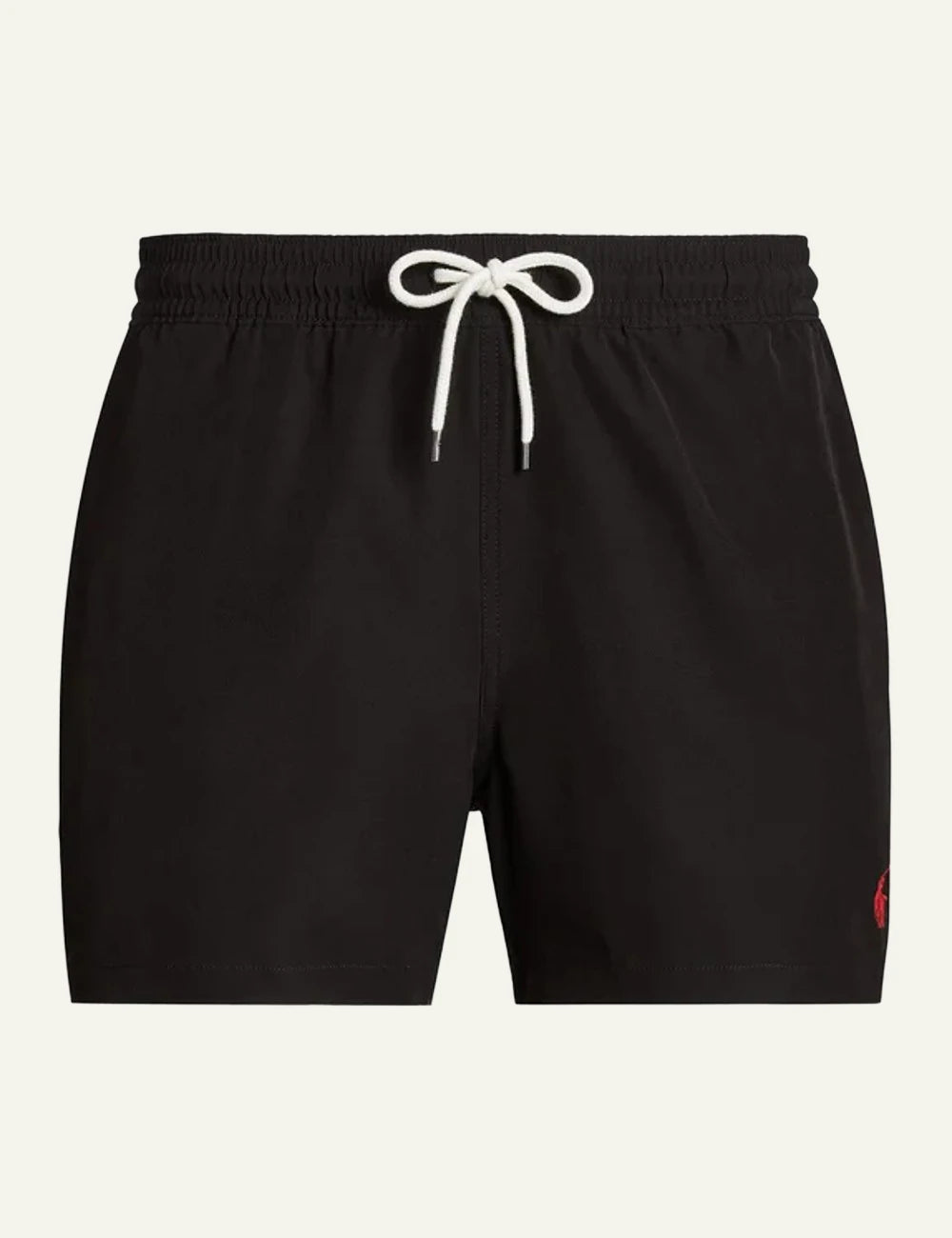 Ralph Lauren black swim shorts with red pony logo styled front flat view