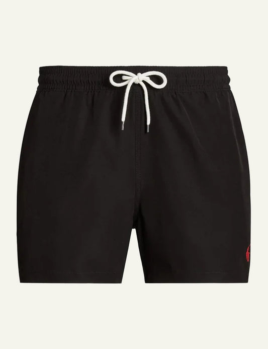Ralph Lauren black swim shorts with red pony logo styled front flat view