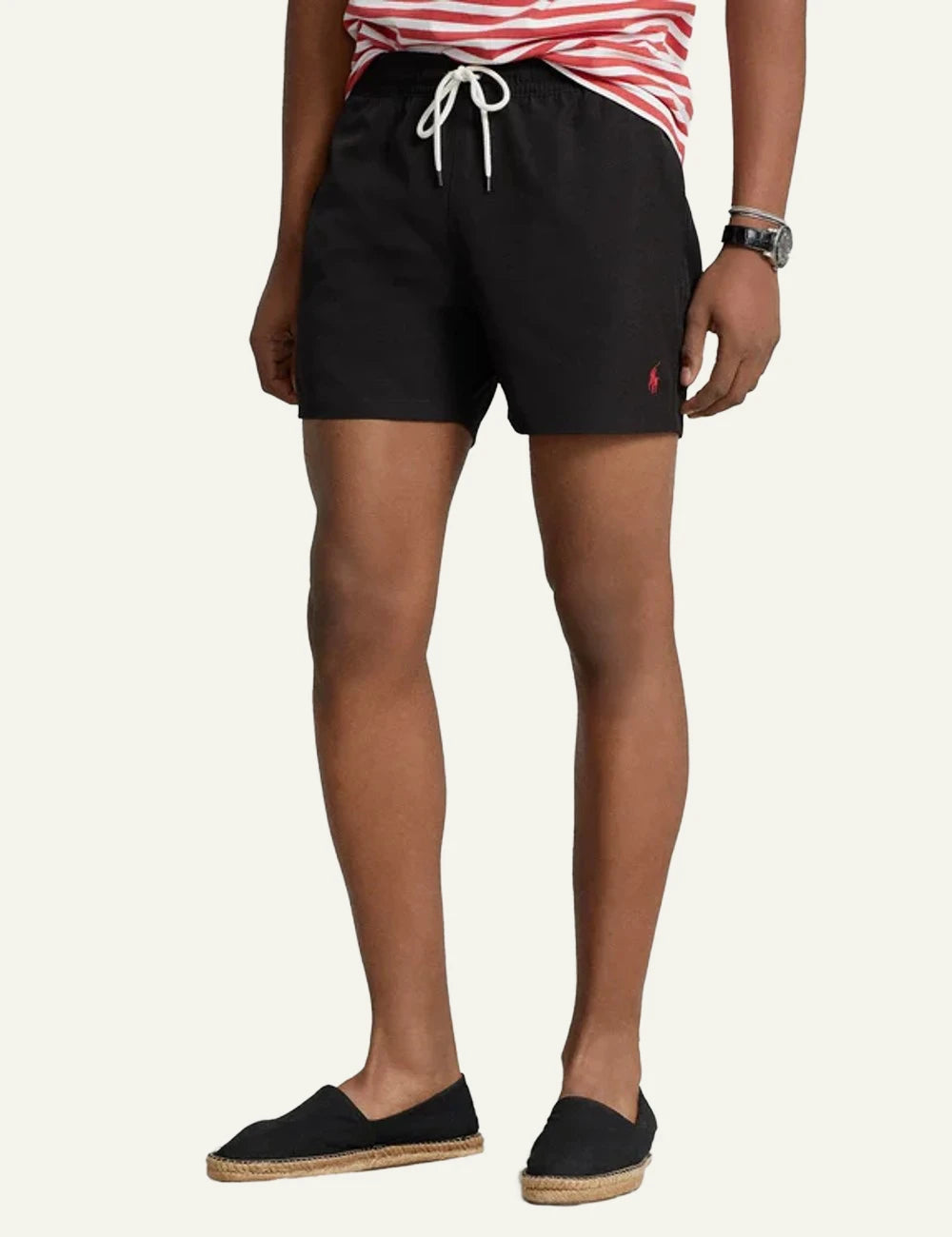 Ralph Lauren black swim shorts with red pony logo styled front model view