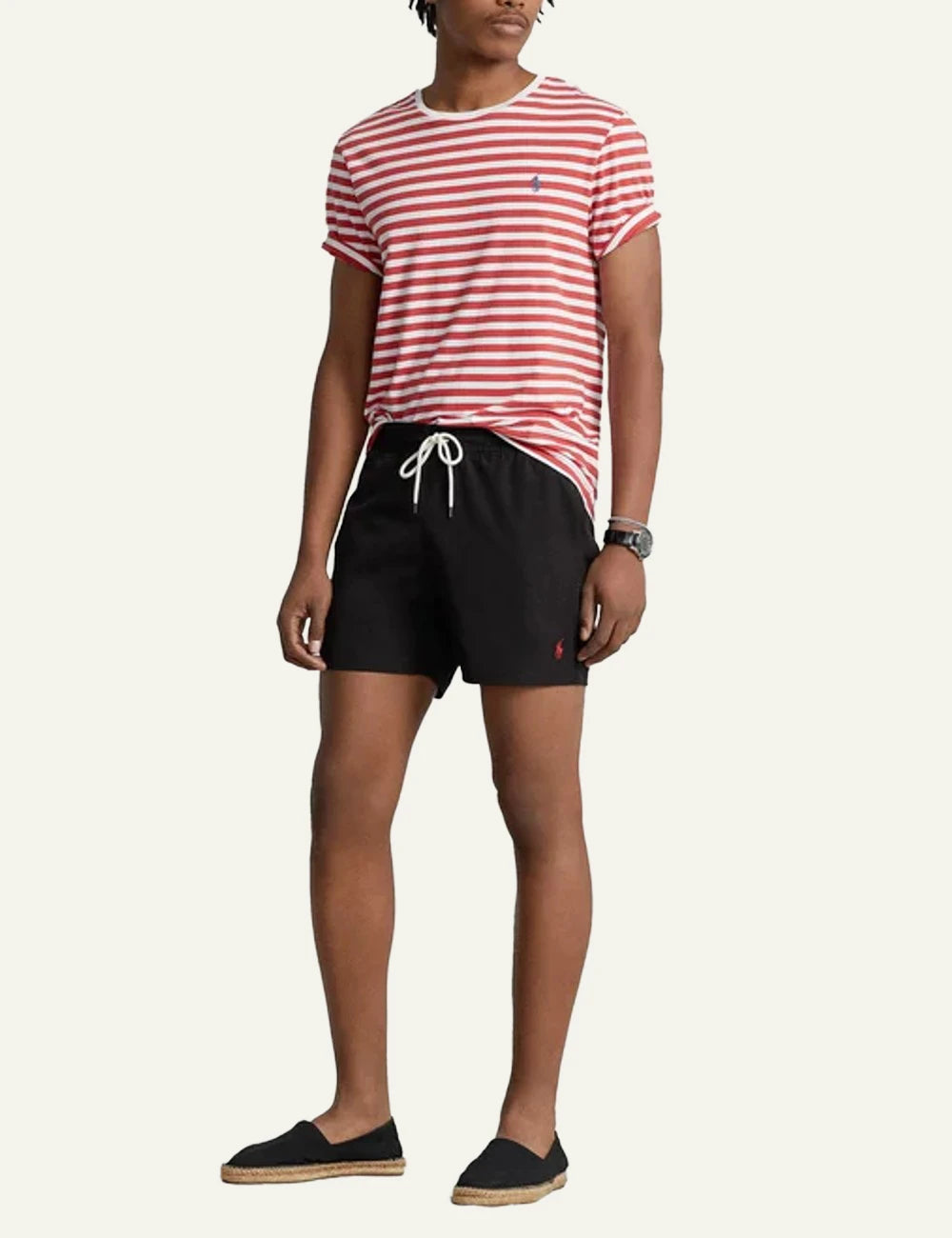 Ralph Lauren black swim shorts with red pony logo styled full body view