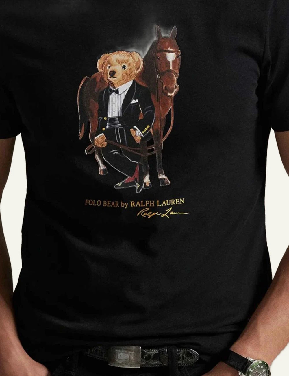 Ralph Lauren black t-shirt with Polo Bear tuxedo graphic front detail view