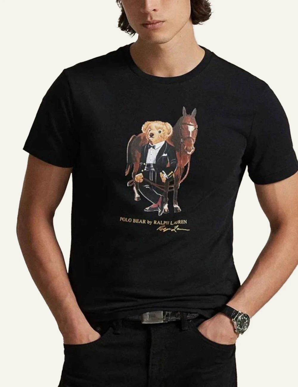 Ralph Lauren black t-shirt with Polo Bear tuxedo graphic front model view