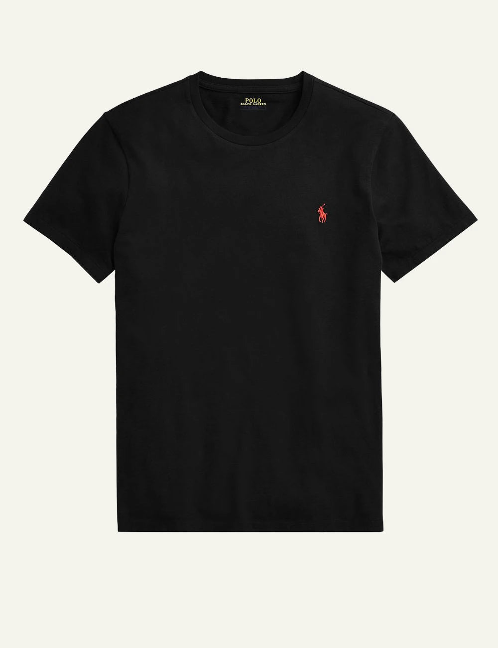 Ralph Lauren black t-shirt with red pony logo front flat view