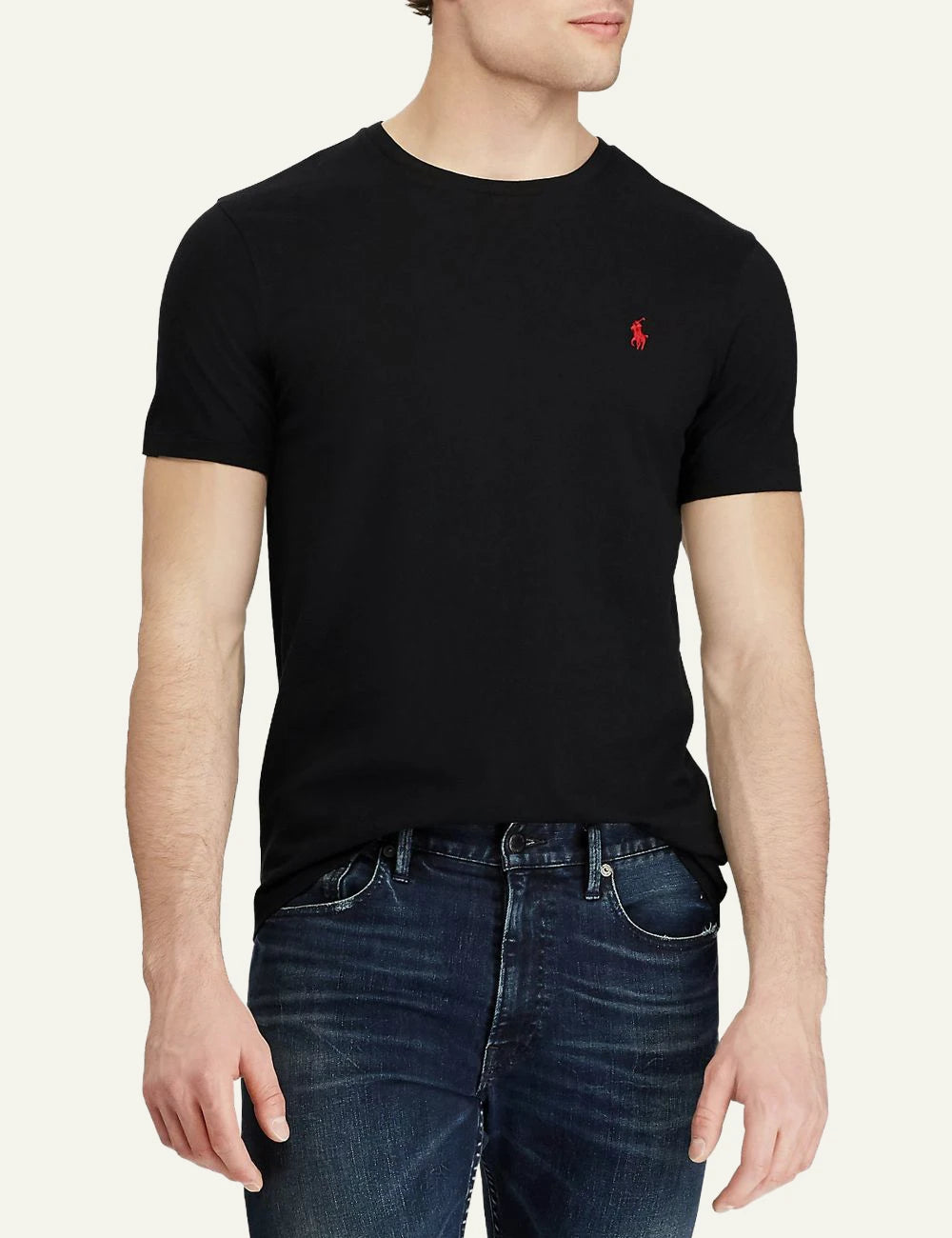 Ralph Lauren black t-shirt with red pony logo front model view