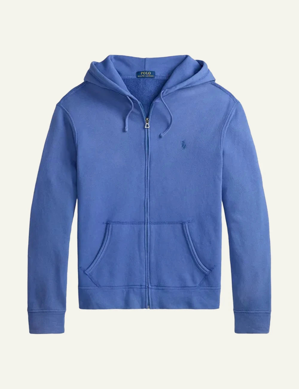 Ralph Lauren blue zip hoodie with tonal pony front flat view