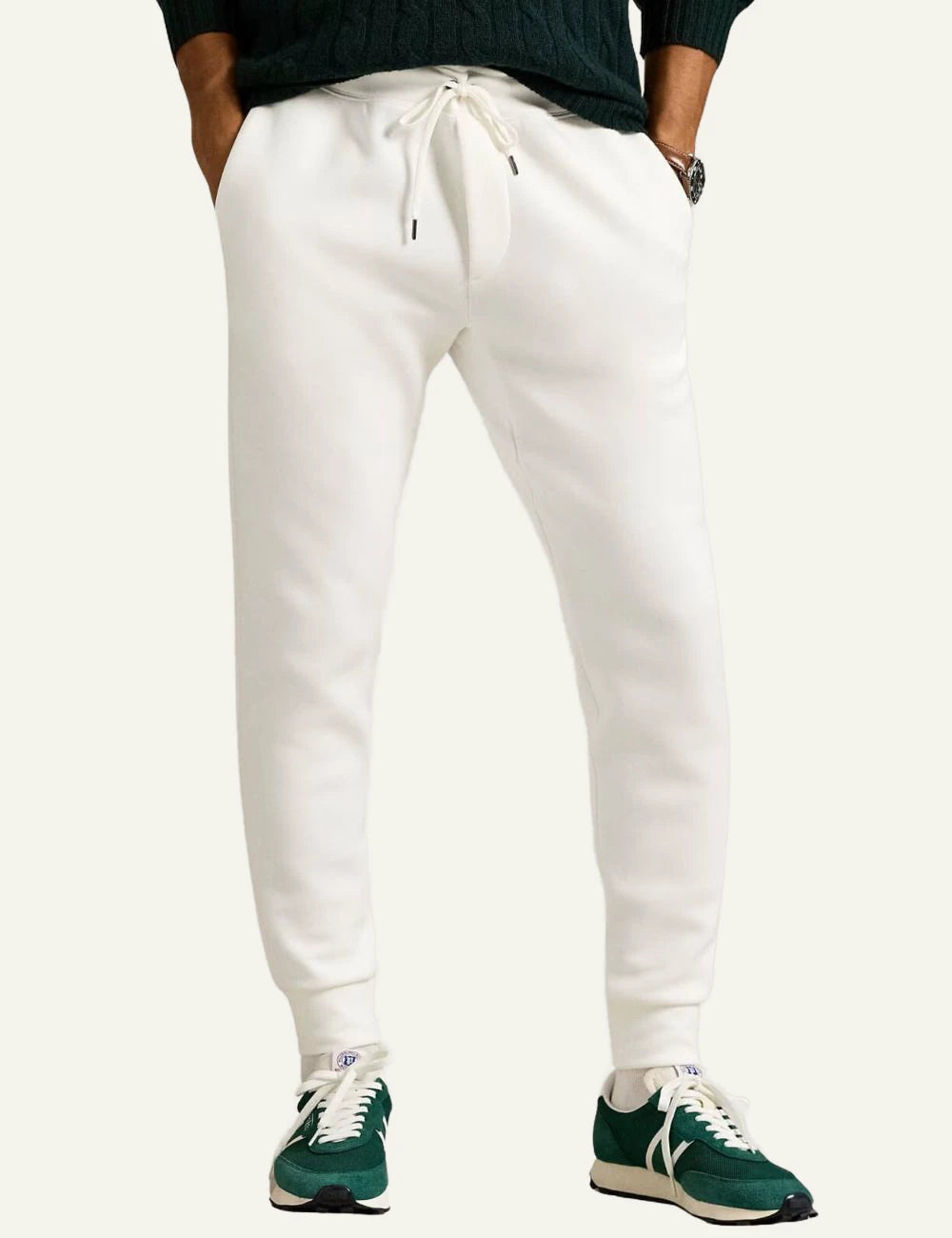 Ralph Lauren cream jogger pants with black pony logo front model view