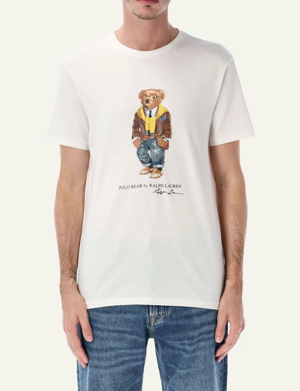 Ralph Lauren cream t-shirt with Polo Bear graphic styled on model front model view