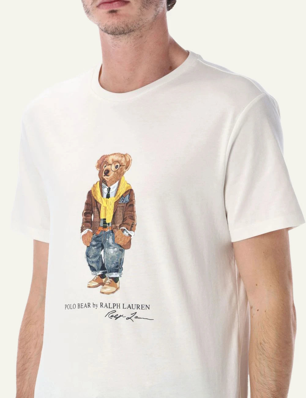 Ralph Lauren cream t-shirt with Polo Bear graphic styled on model logo view