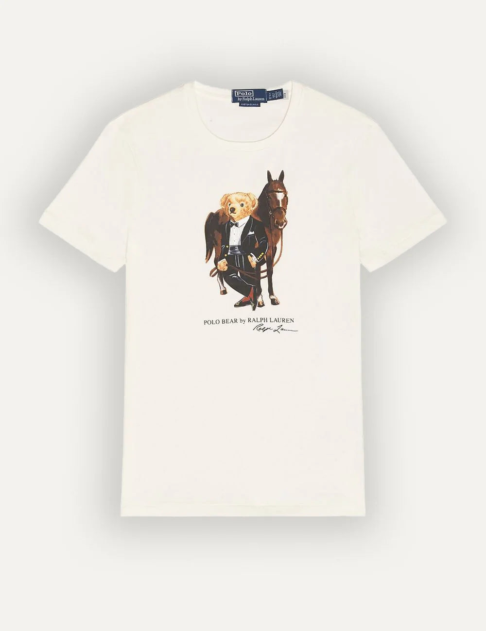 Ralph Lauren cream t-shirt with Polo Bear tuxedo graphic front flat view