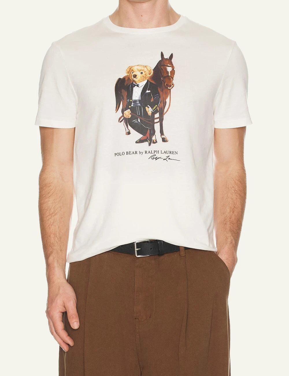 Ralph Lauren cream t-shirt with Polo Bear tuxedo graphic front model view