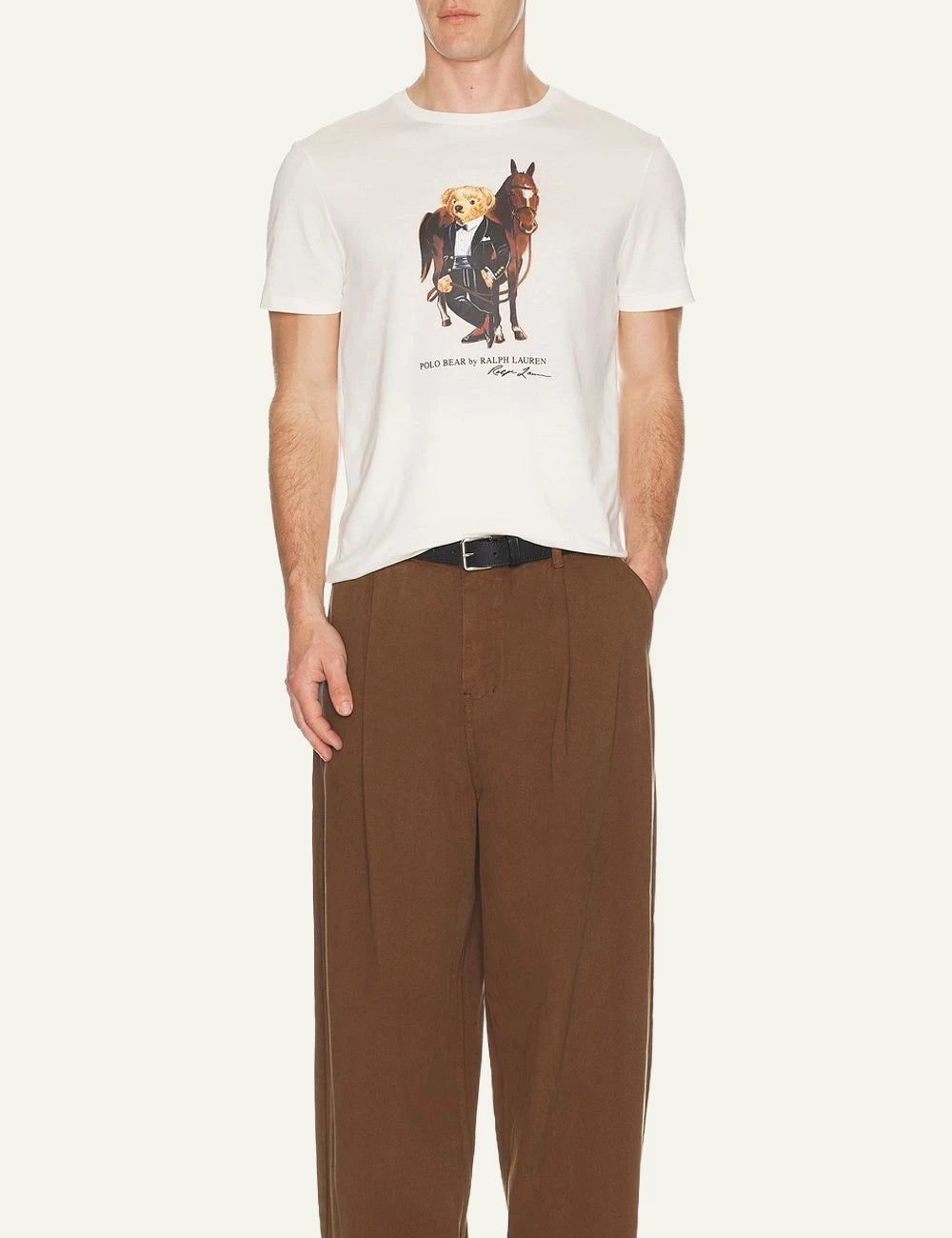 Ralph Lauren cream t-shirt with Polo Bear tuxedo graphic full body view