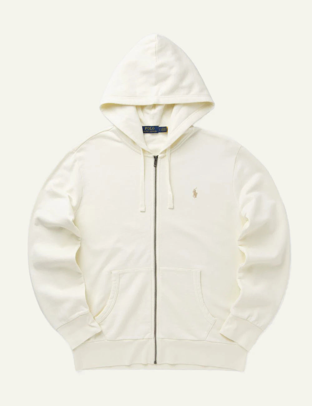Ralph Lauren cream zip hoodie with tonal pony logo front flat view