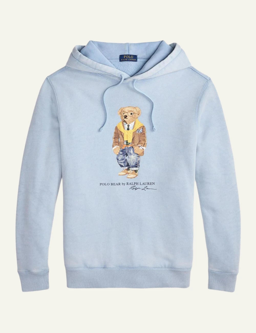 Ralph Lauren light blue hoodie with Polo Bear graphic front flat view