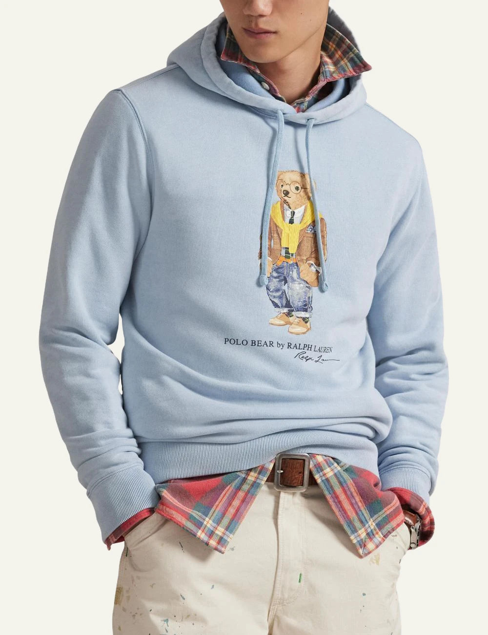 Ralph Lauren light blue hoodie with Polo Bear graphic front model view