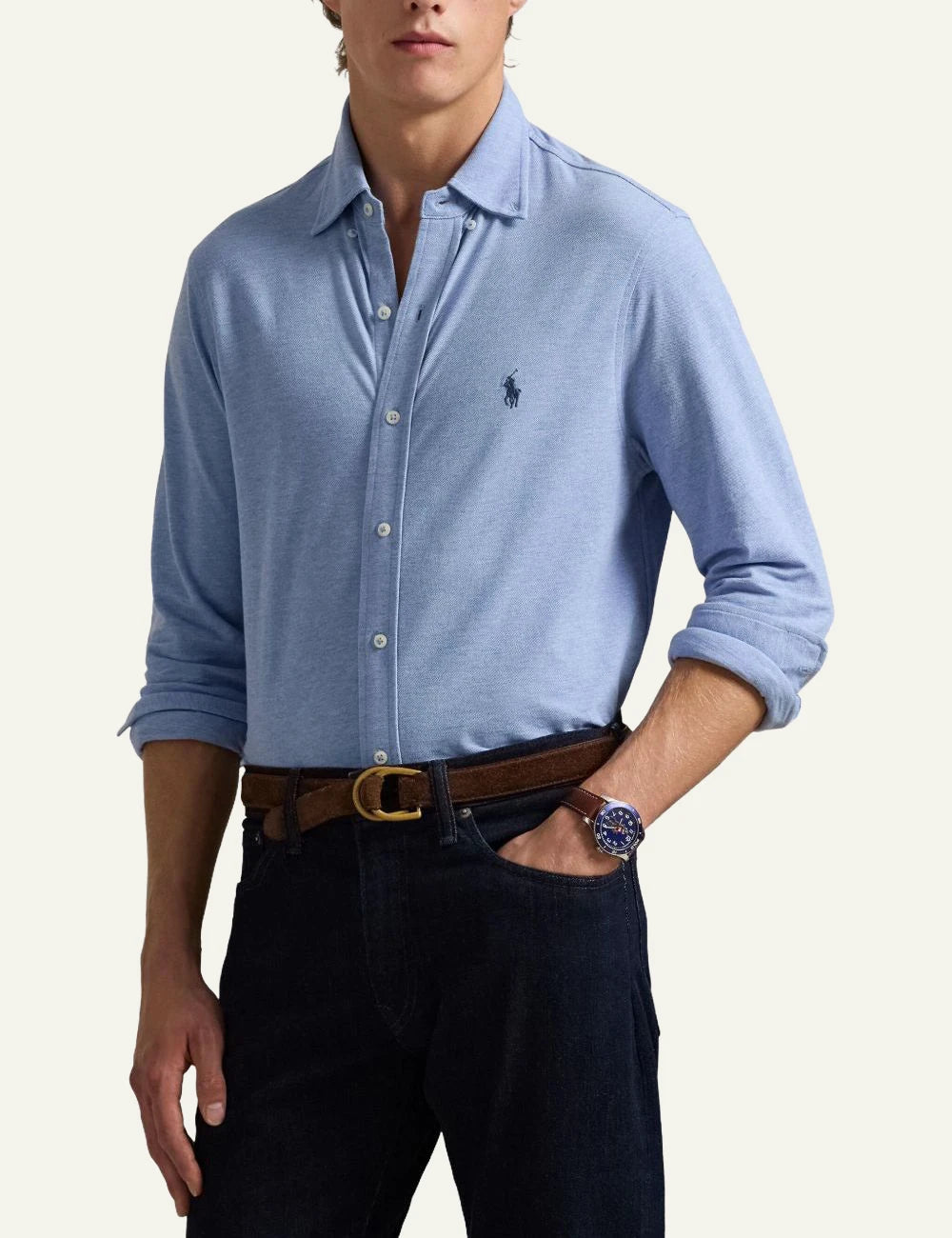 Ralph Lauren light blue oxford shirt with tonal pony logo front model view
