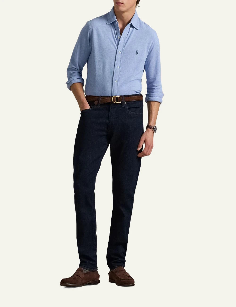 Ralph Lauren light blue oxford shirt with tonal pony logo full body