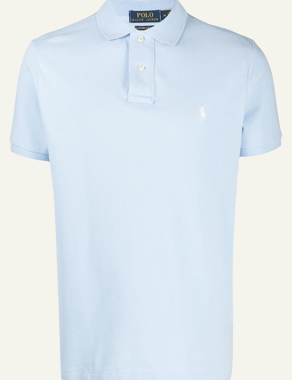 Ralph Lauren light blue polo shirt with white pony logo front flat view
