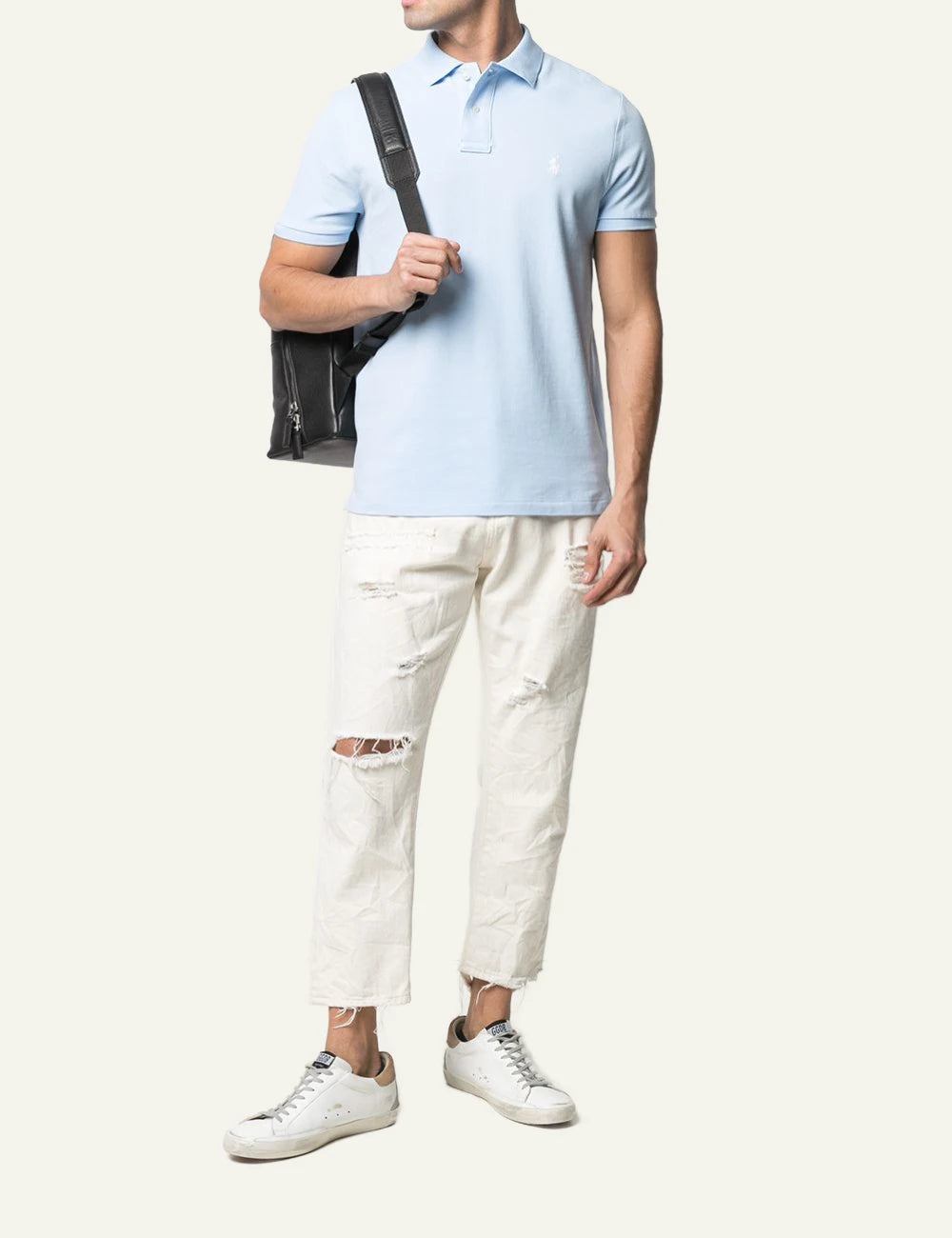 Ralph Lauren light blue polo shirt with white pony logo ful body view