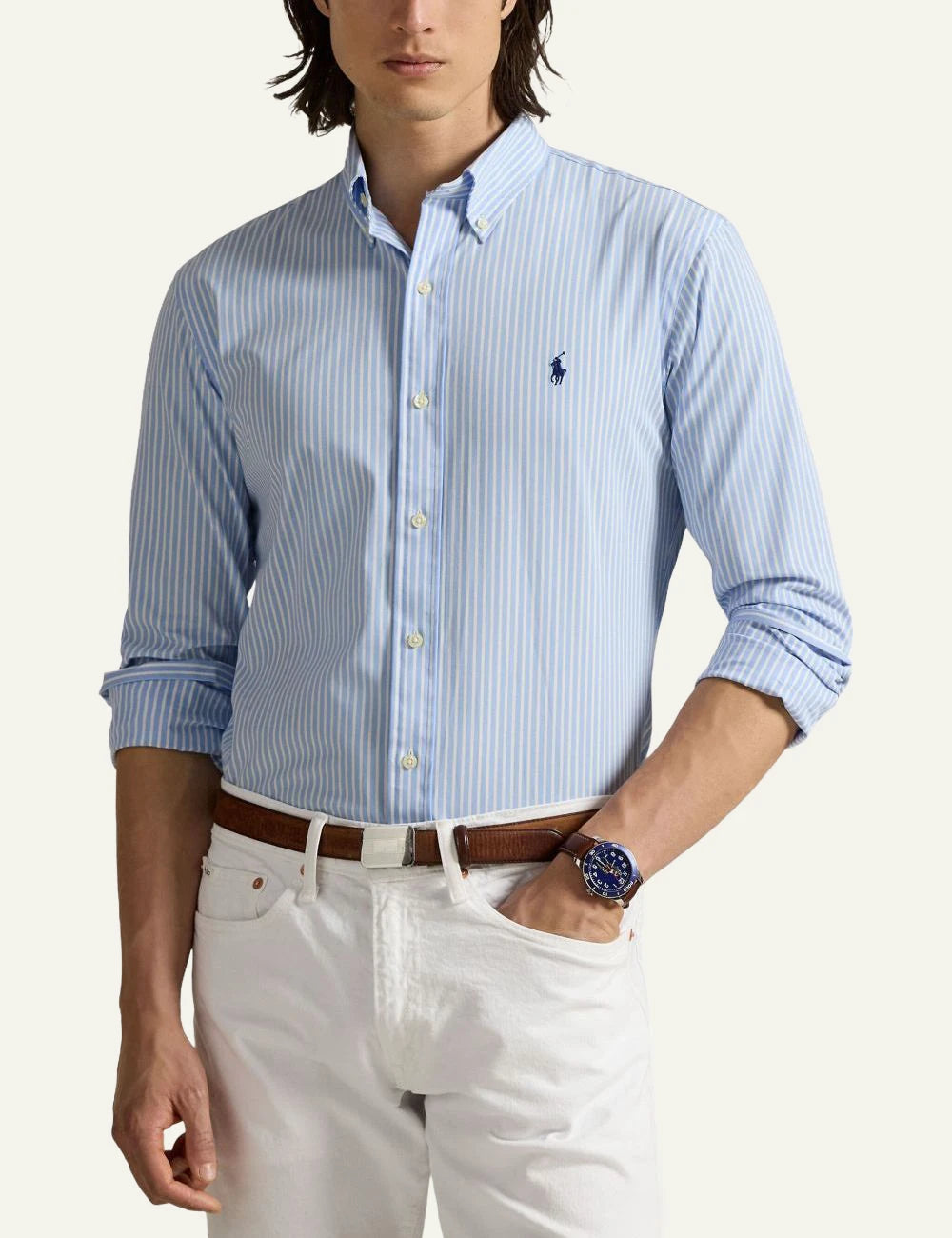 Ralph Lauren light blue striped shirt with navy pony logo front model view