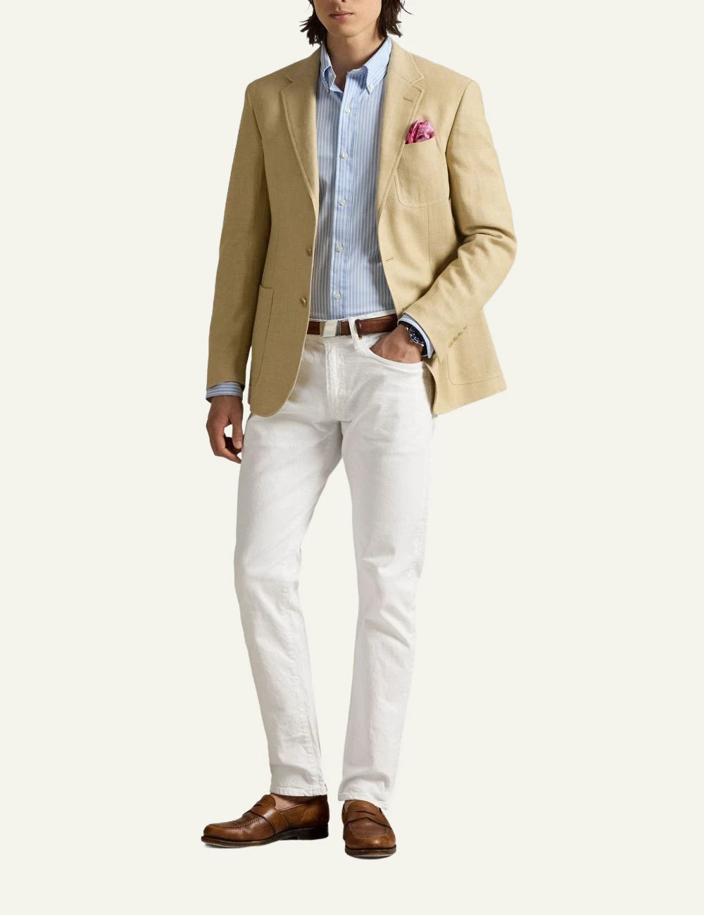 Ralph Lauren light blue striped shirt with navy pony logo full body view