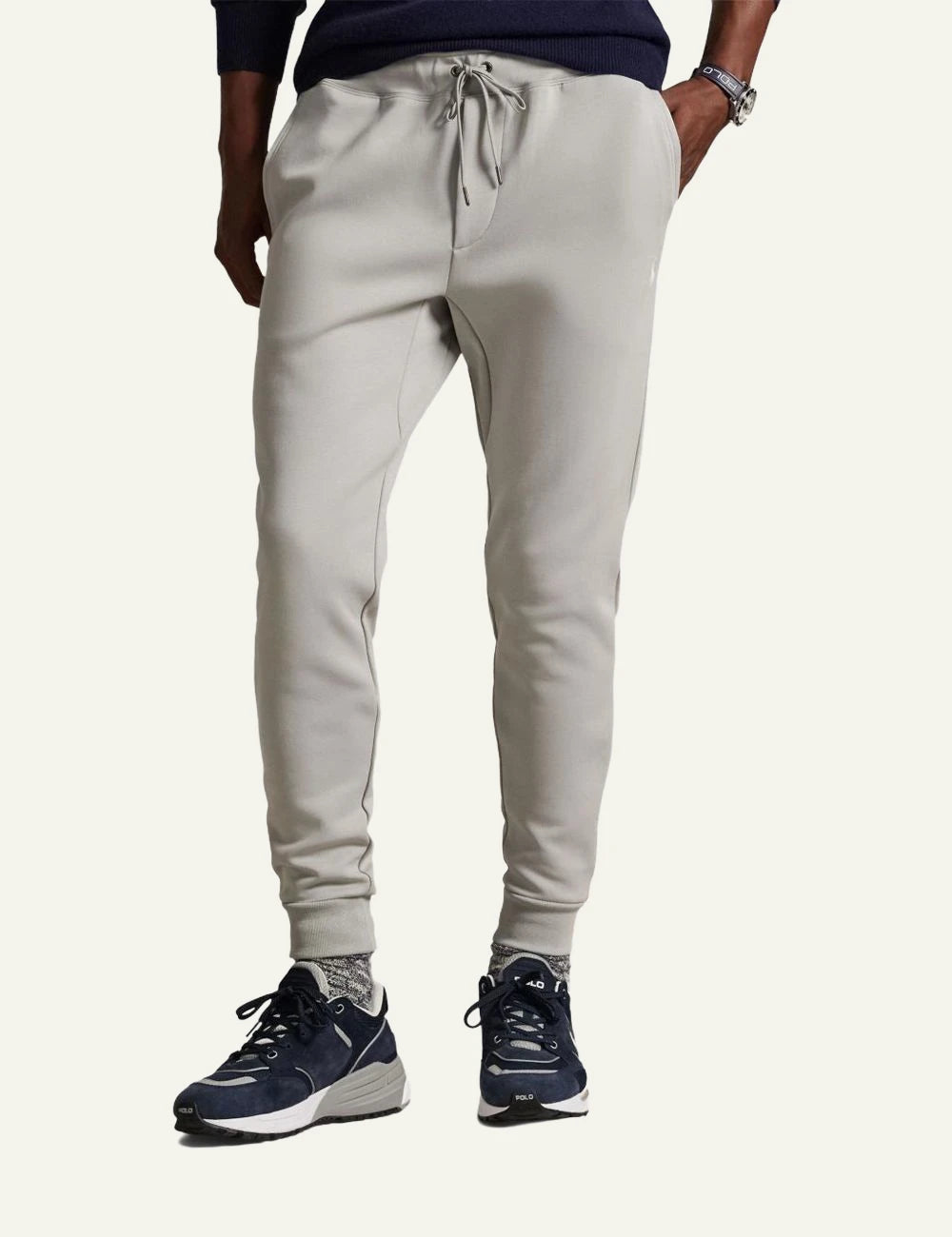 Ralph Lauren light grey jogger pants with white pony logo front model view
