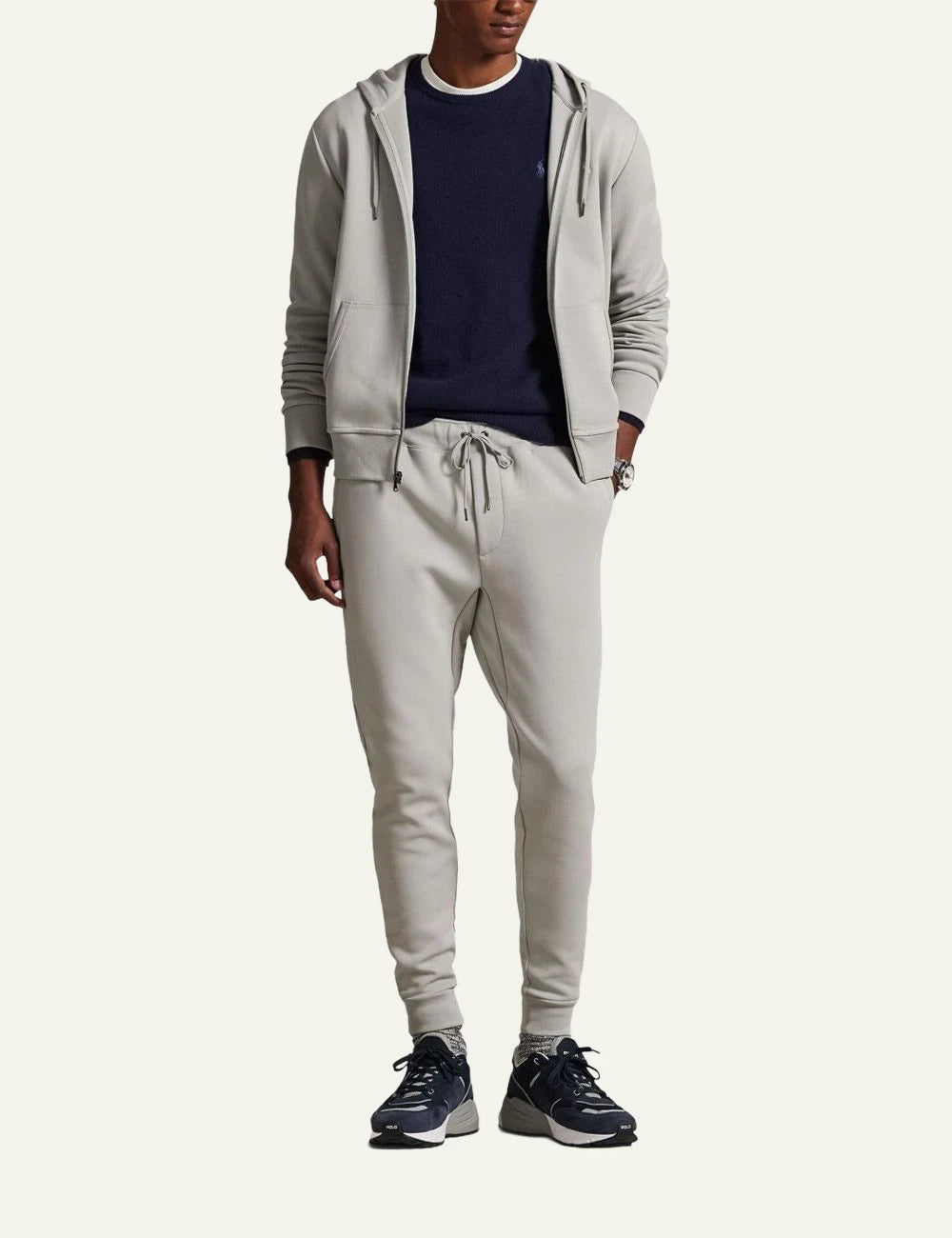 Ralph Lauren light grey jogger pants with white pony logo full body view