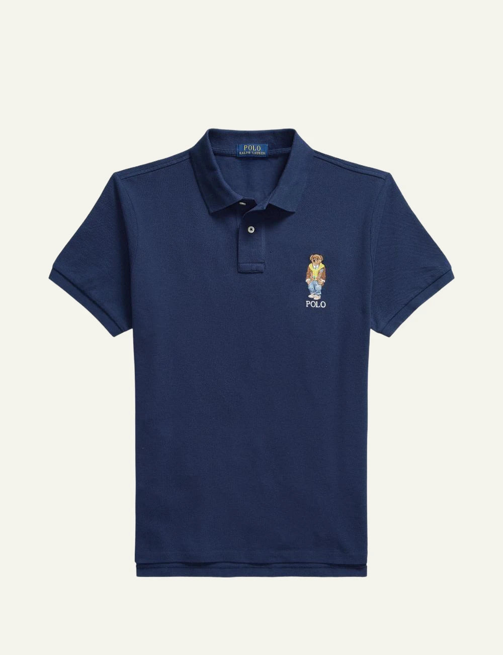 Ralph Lauren navy polo shirt with Polo Bear embroidery front flat view