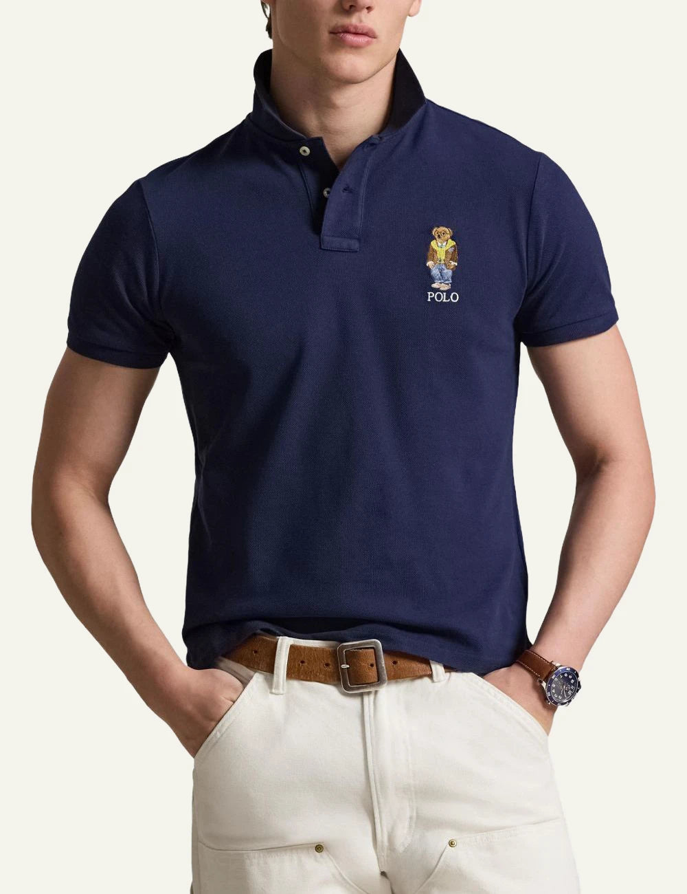 Ralph Lauren navy polo shirt with Polo Bear embroidery front model view