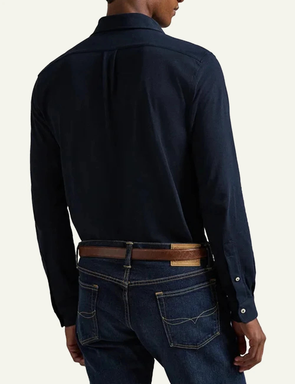 Ralph Lauren navy shirt with white pony logo styled on model back model view