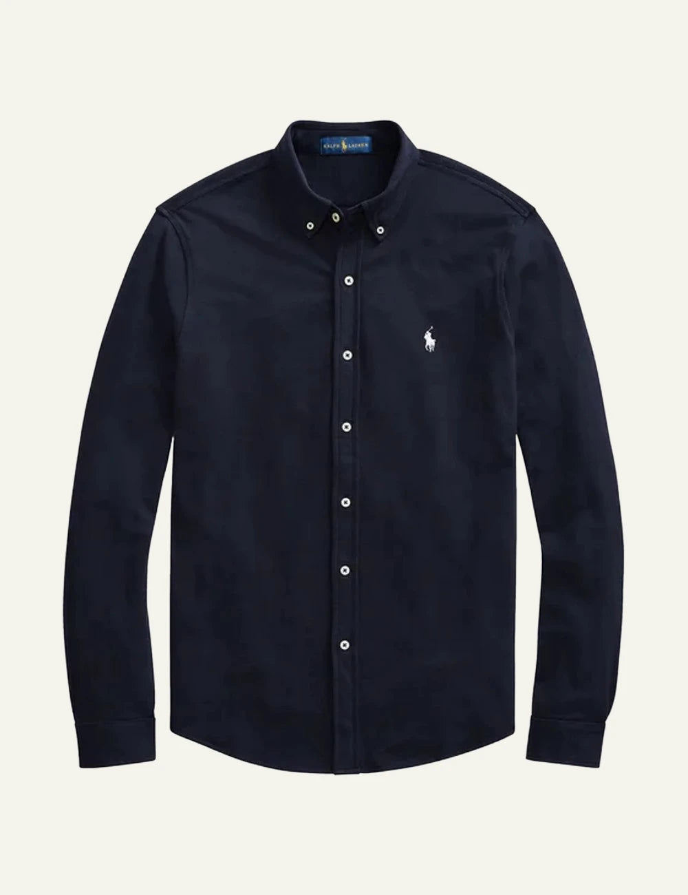Ralph Lauren navy shirt with white pony logo styled on model front flat view