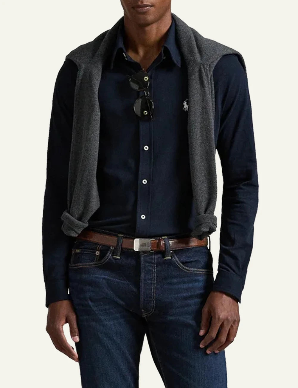 Ralph Lauren navy shirt with white pony logo styled on model front model view