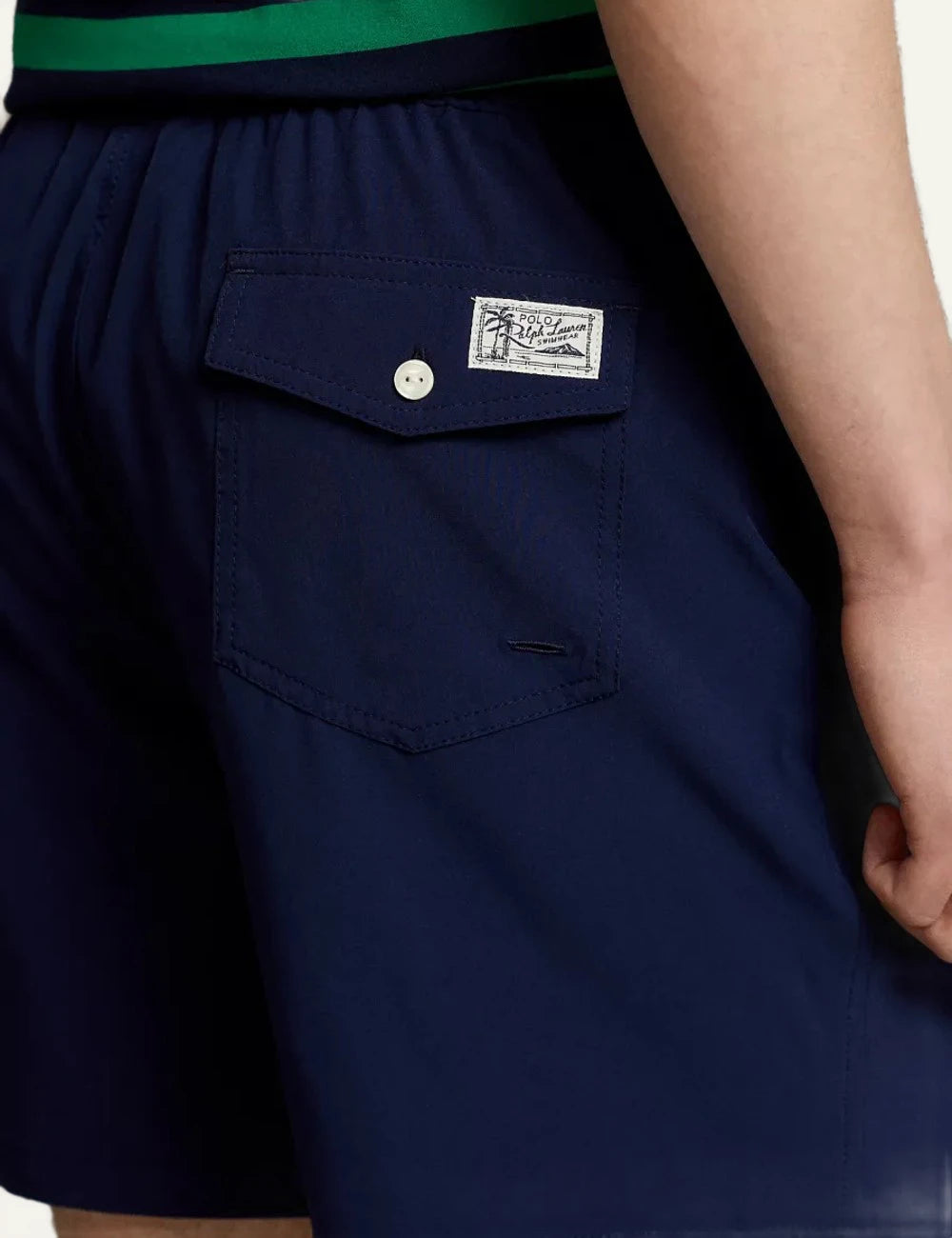 Ralph Lauren navy swim shorts with red pony logo back detils view