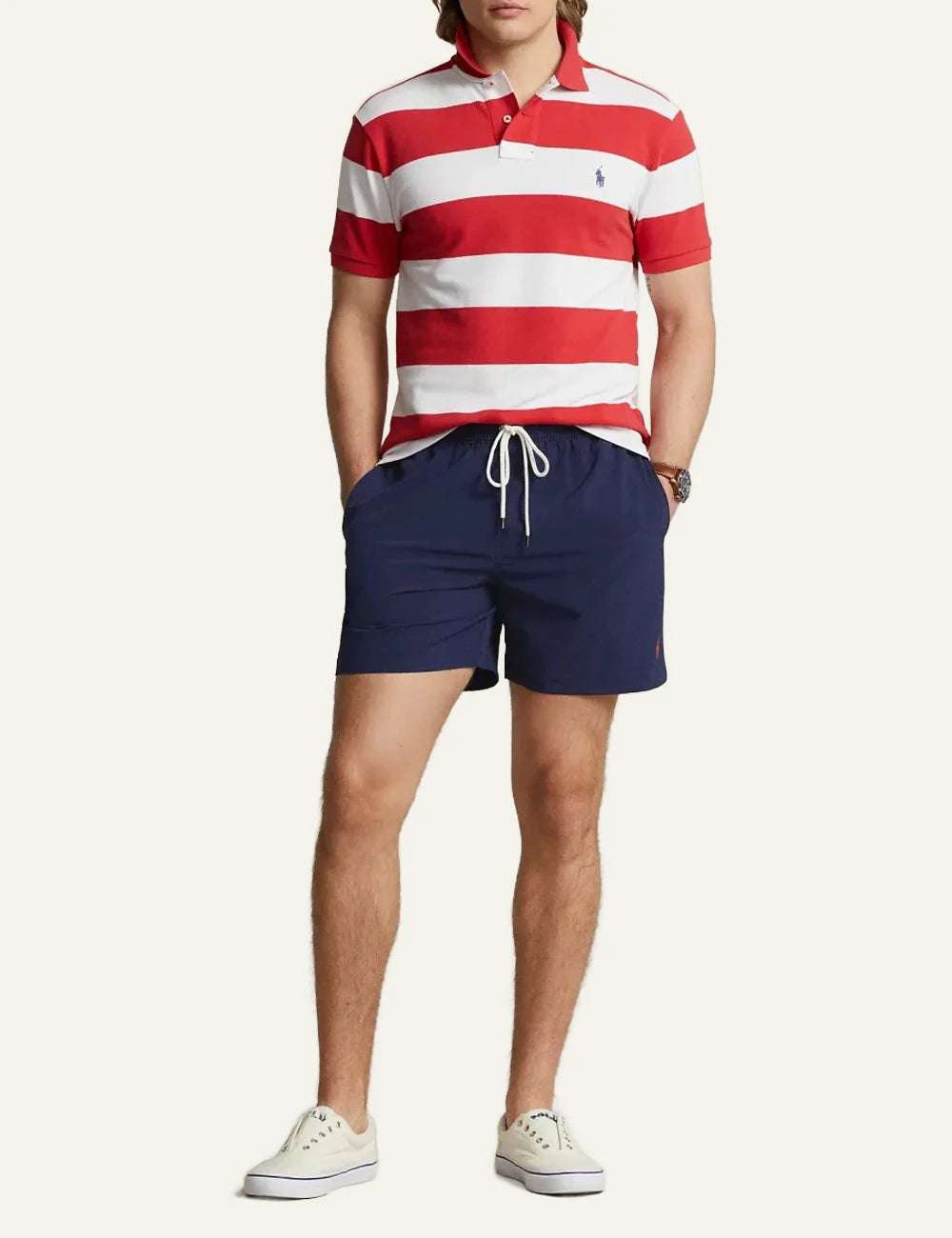 Ralph Lauren navy swim shorts with red pony logo full body view