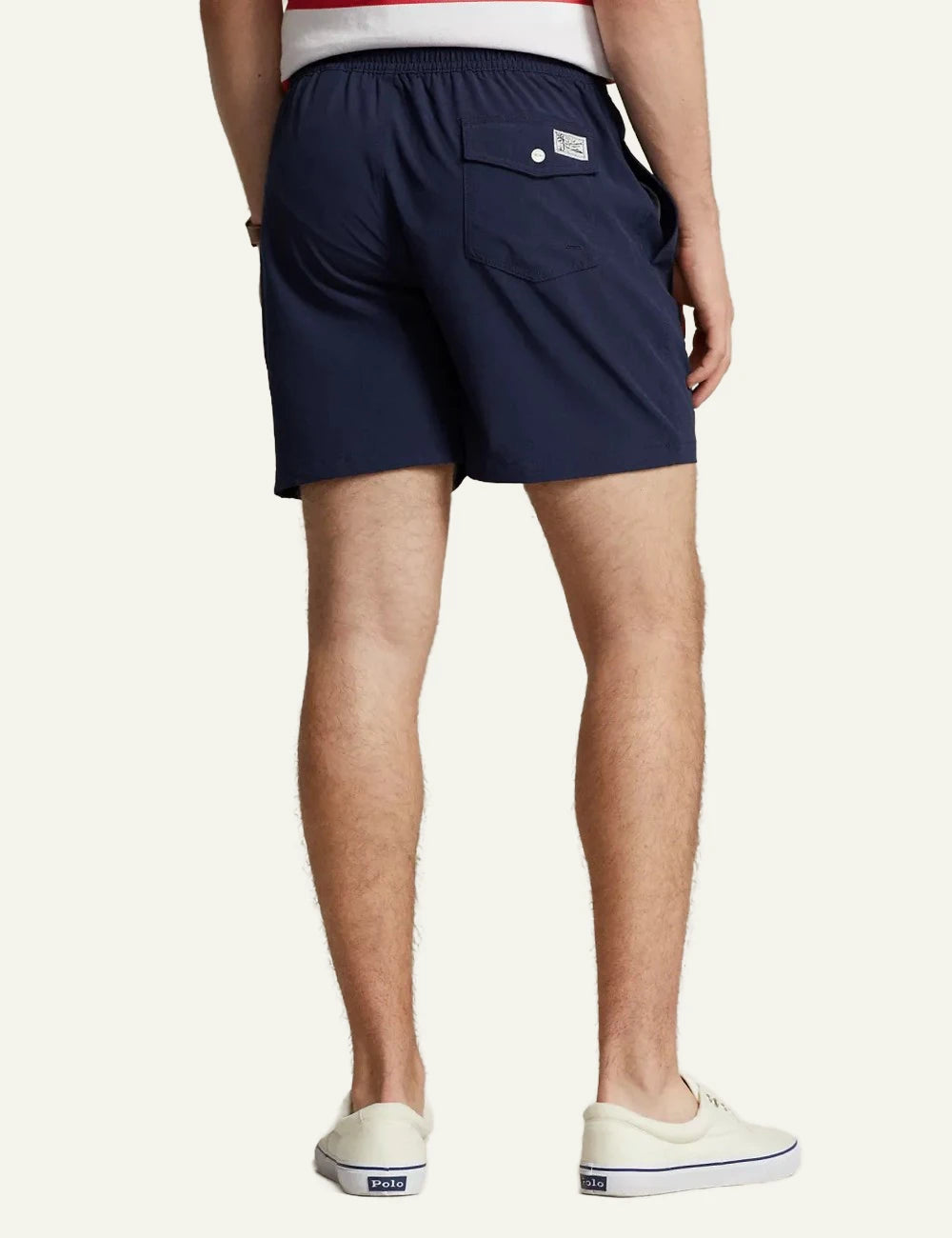 Ralph Lauren navy swim shorts with red pony logo back model view