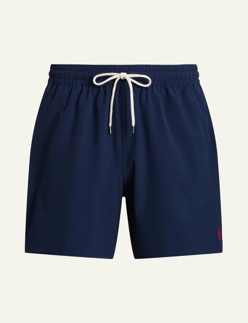 Ralph Lauren navy swim shorts with red pony logo front flat view