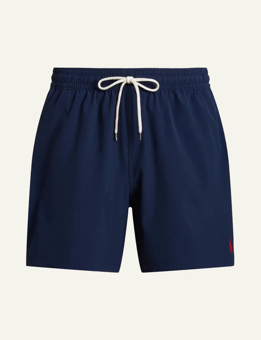 Ralph Lauren navy swim shorts with red pony logo front flat view