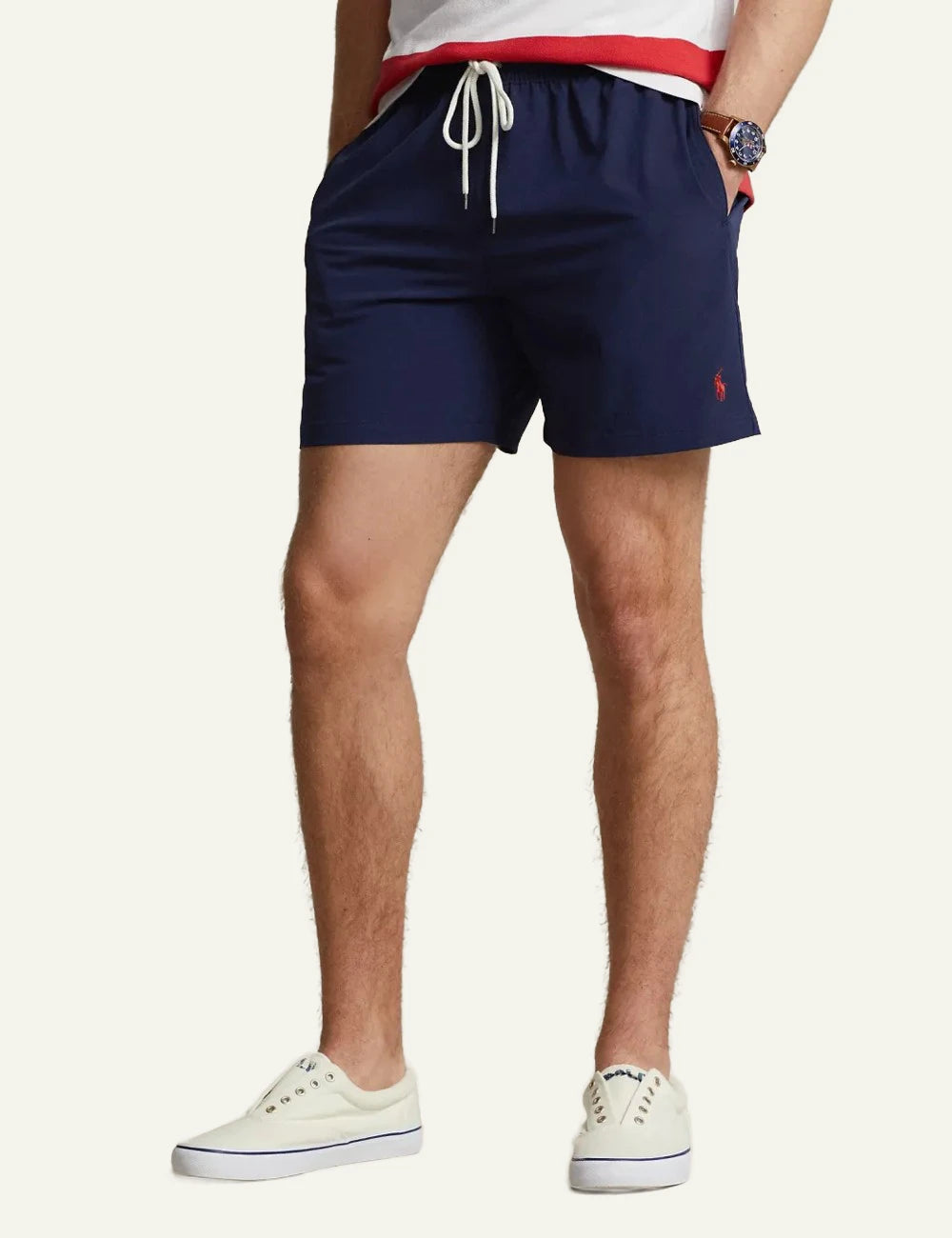 Ralph Lauren navy swim shorts with red pony logo front model view