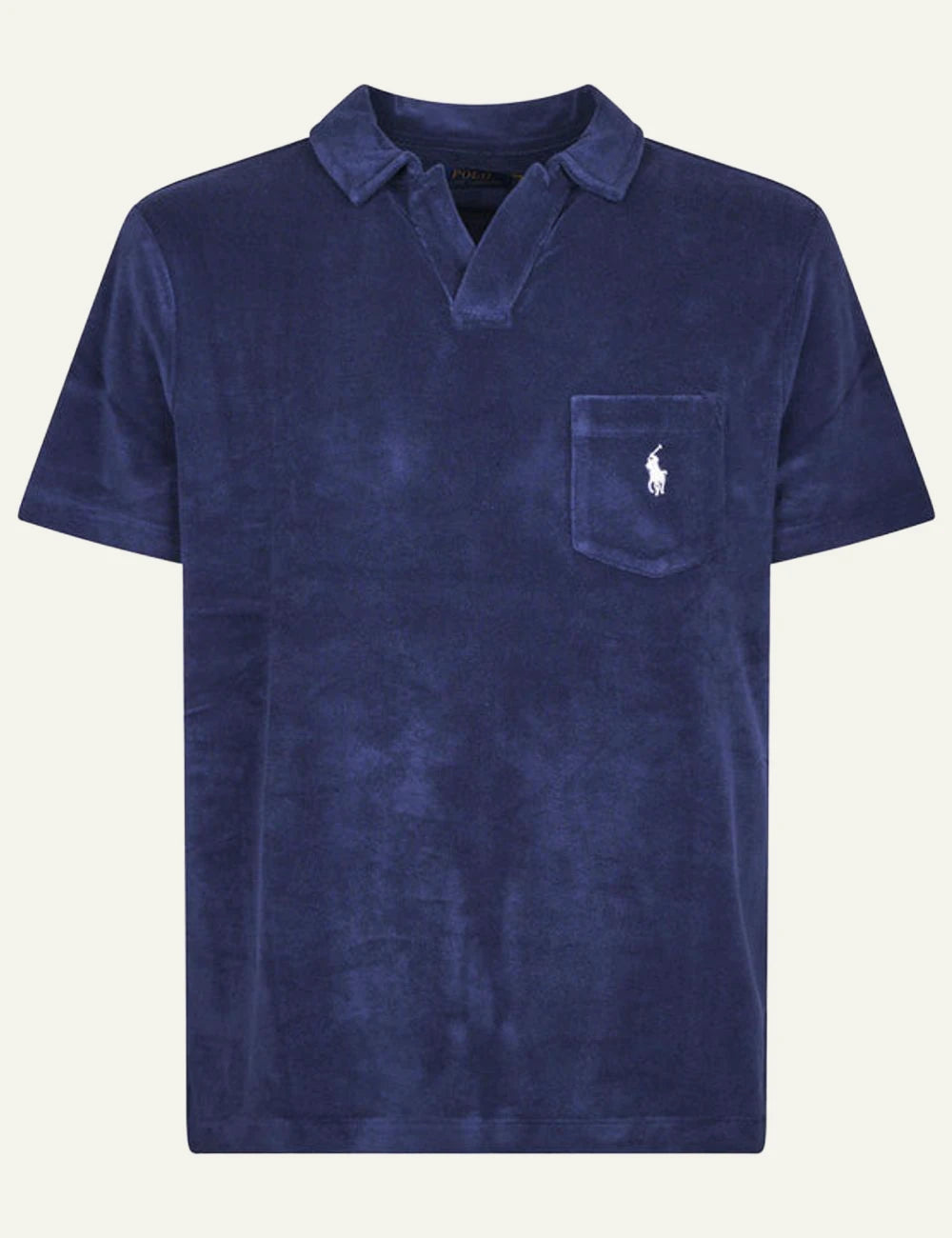 Ralph Lauren navy terry polo shirt with chest pocket and white pony logo front flat view
