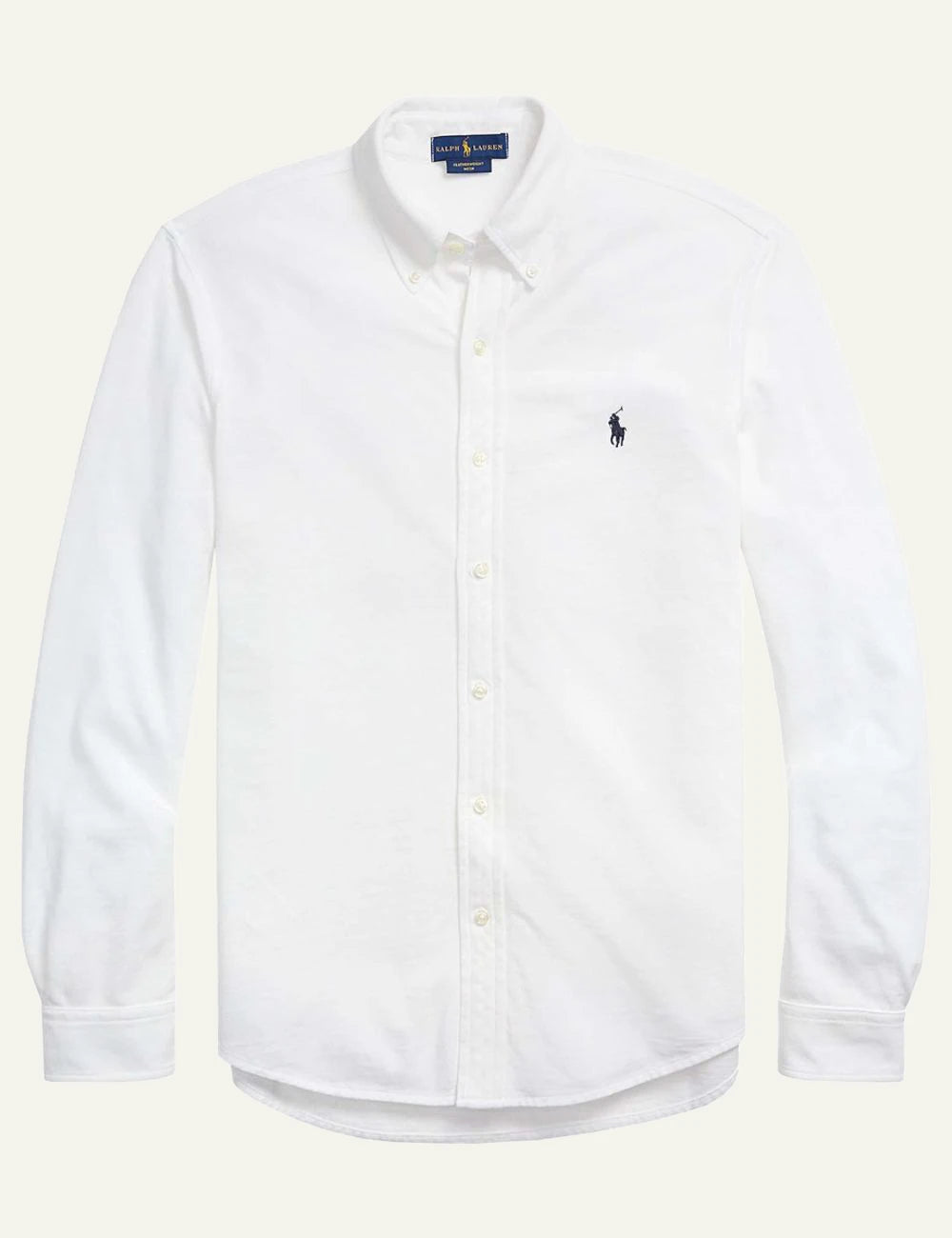 Ralph Lauren white oxford shirt with navy pony logo front flaτ view