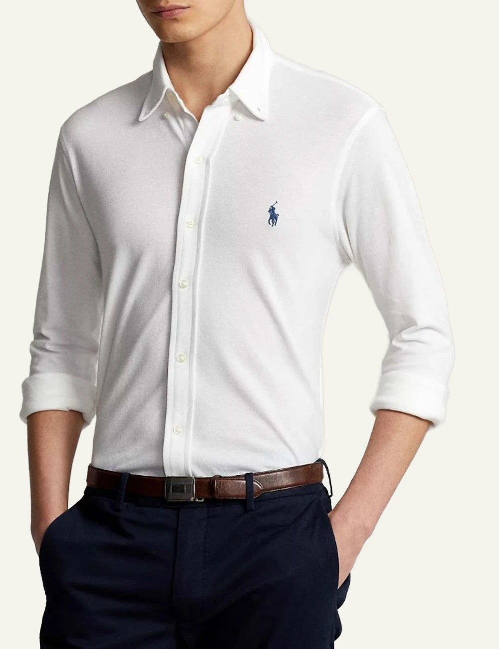 Ralph Lauren white oxford shirt with navy pony logo front model view