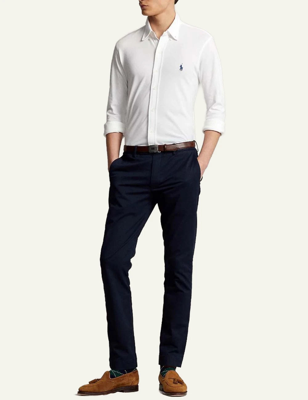 Ralph Lauren white oxford shirt with navy pony logo full body view