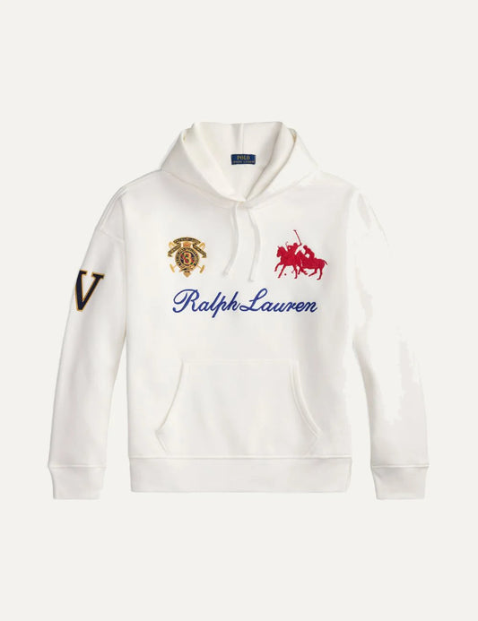 Ralph Lauren white hoodie with embroidered crest and polo graphic front flat view