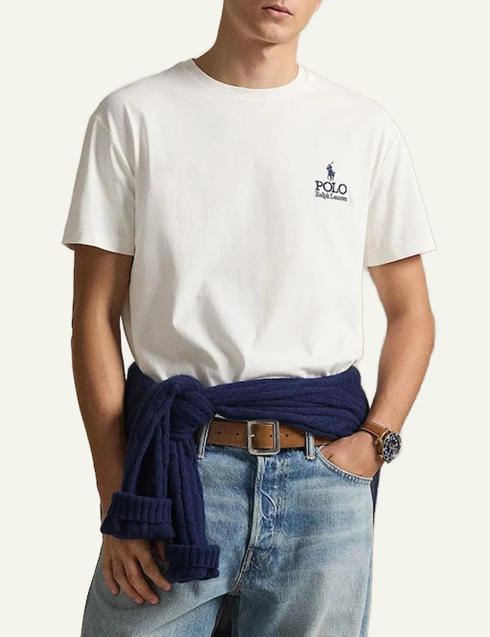 Ralph Lauren white t-shirt with chest logo styled on model font model view