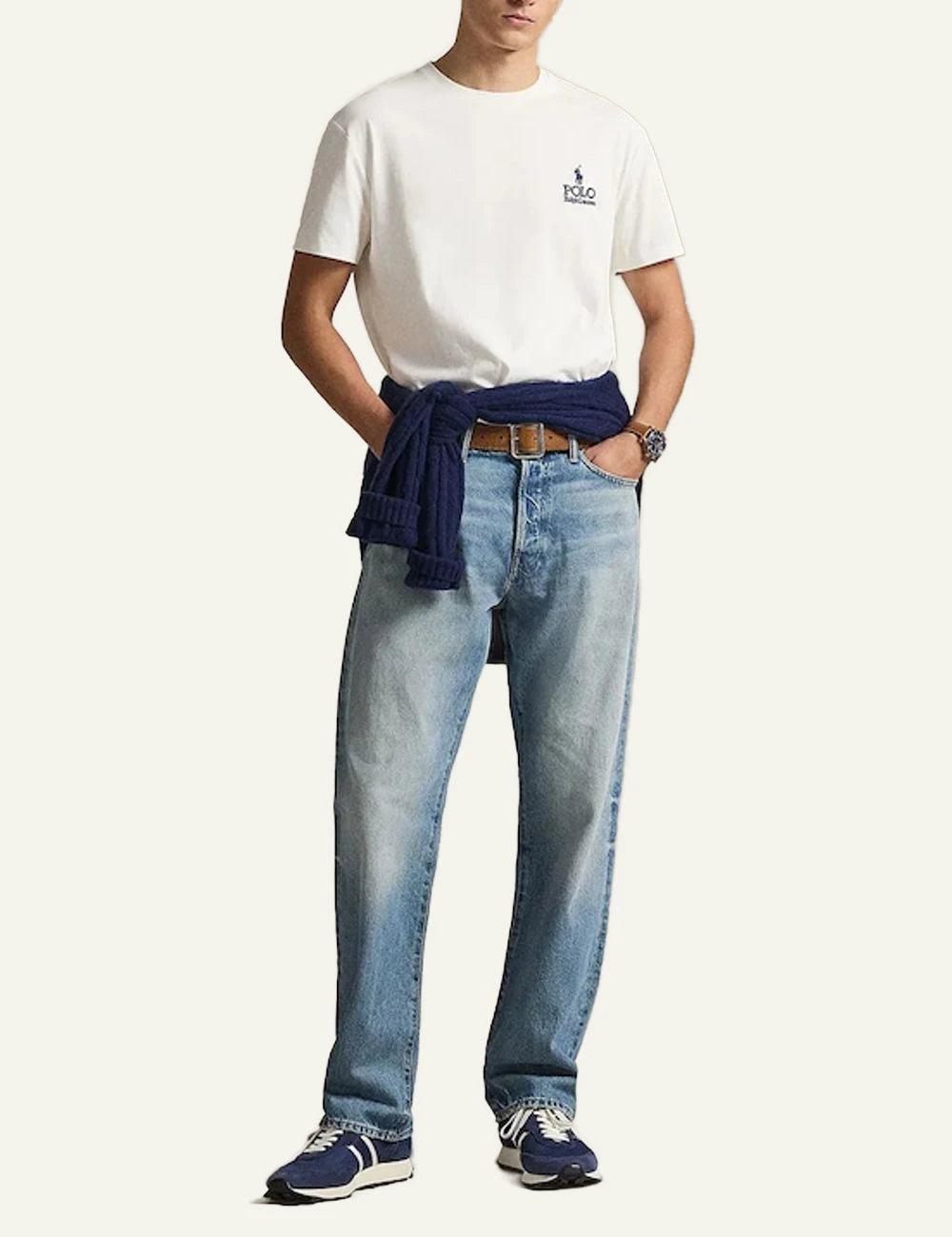 Ralph Lauren white t-shirt with chest logo styled on model full body view