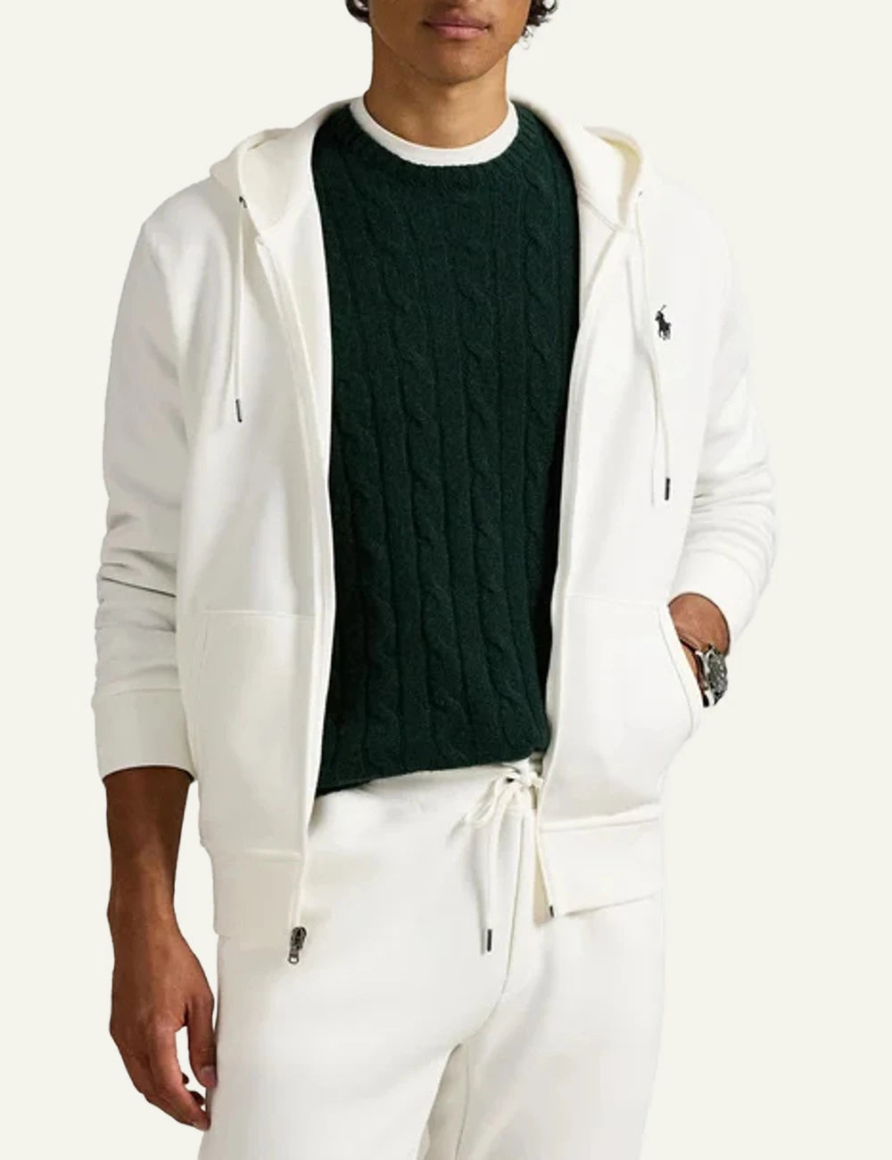 Ralph Lauren white zip hoodie with black pony logo front model view