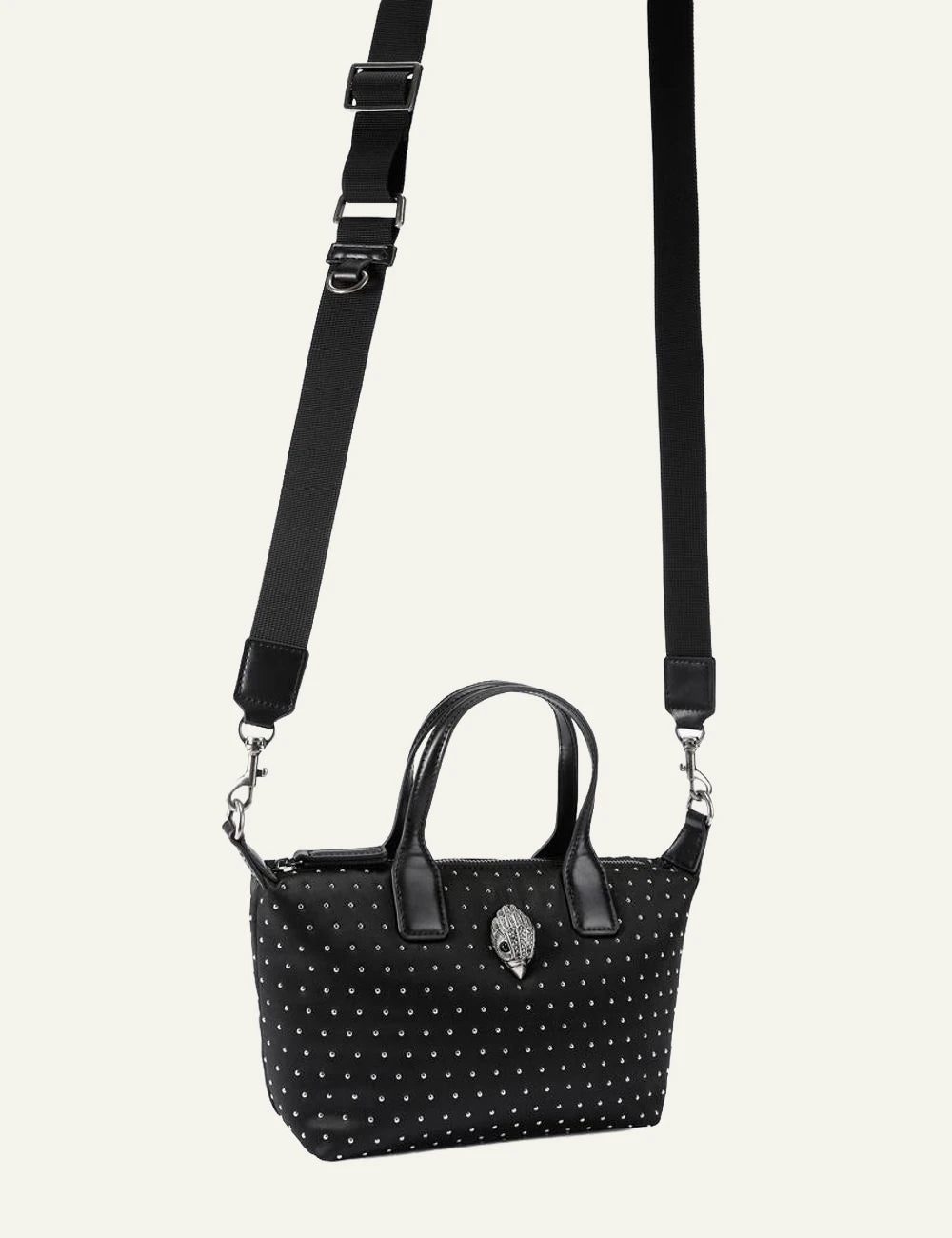 Kurt Geiger London recycled shopper bag black nylon full front view με studs kai strap gia cross body kratima