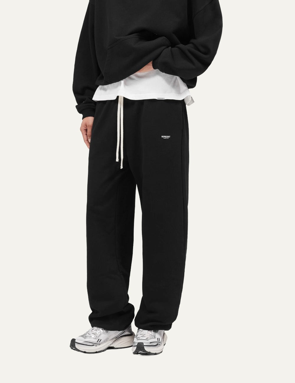 Represent Micro Owners Club wide leg black sweatpants with white drawstring side