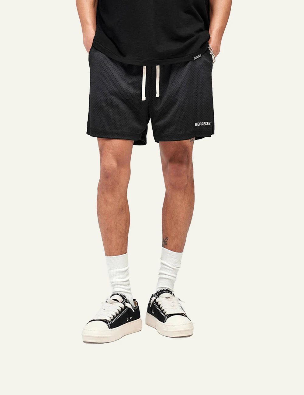 Represent mesh shorts washed black relaxed fit front model view