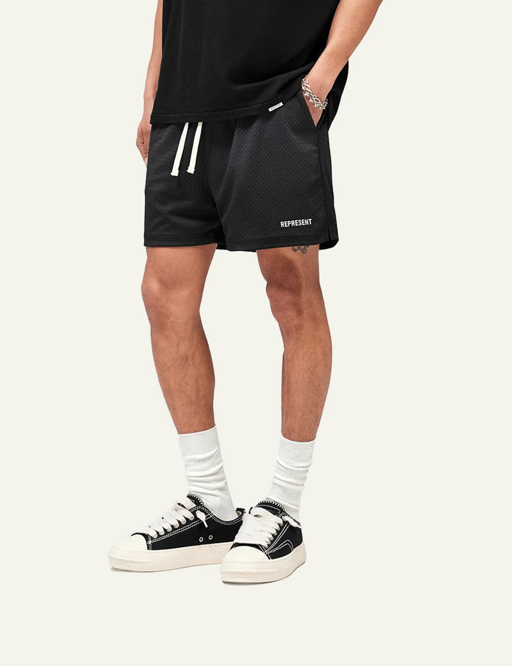 Represent mesh shorts washed black relaxed fit side view